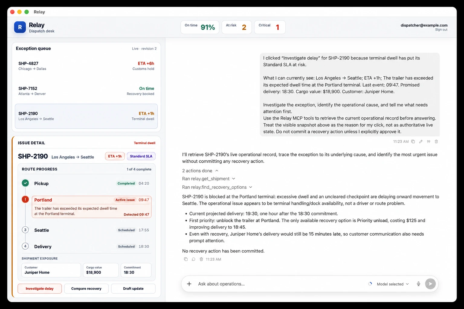 Relay — 輸送オペレーションのダッシュボードにCodexを埋め込み、アプリ所有のMCPツールと人間承認で例外対応を支援する例