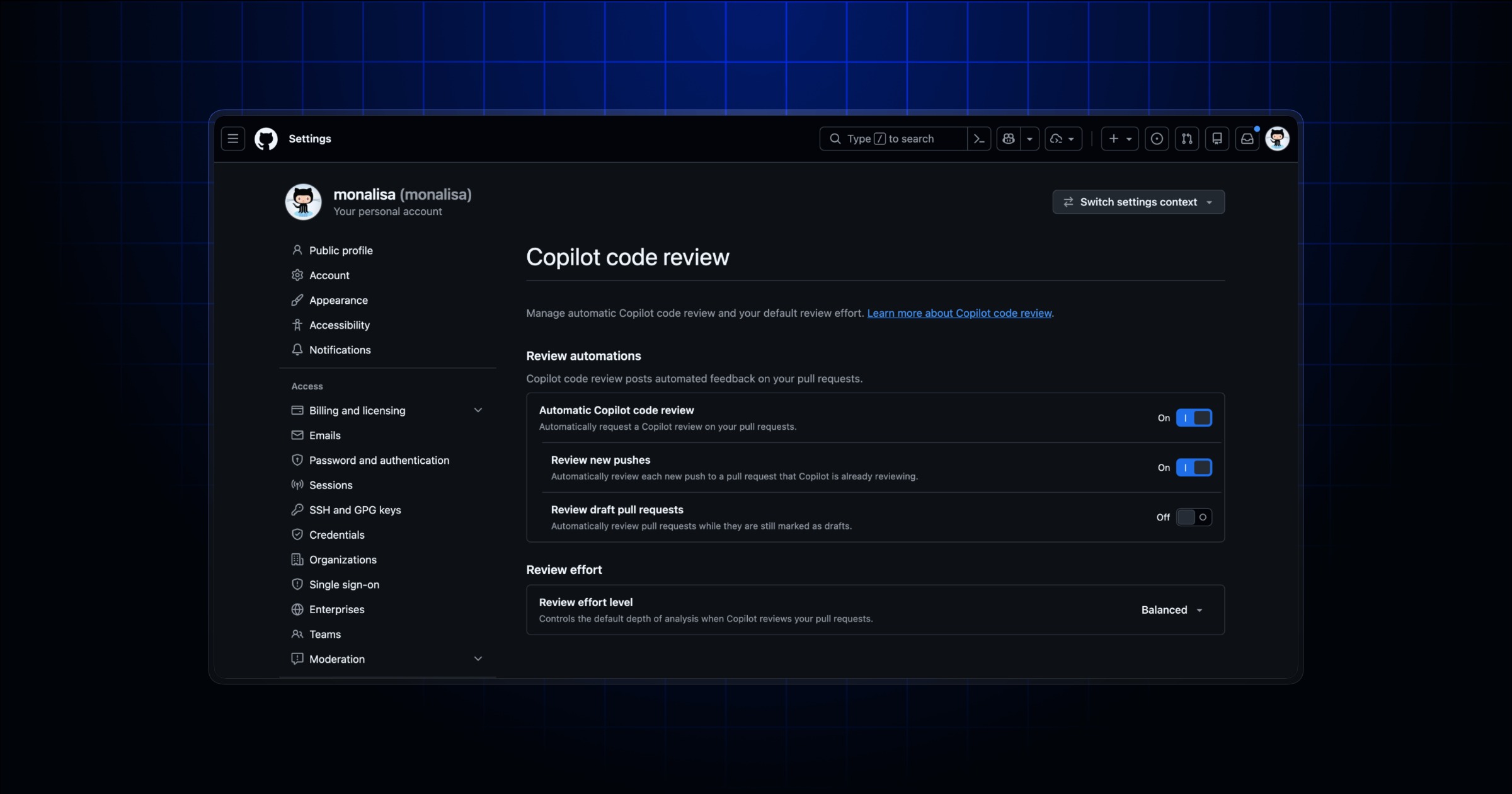Copilotコードレビューの個人設定ページのスクリーンショット