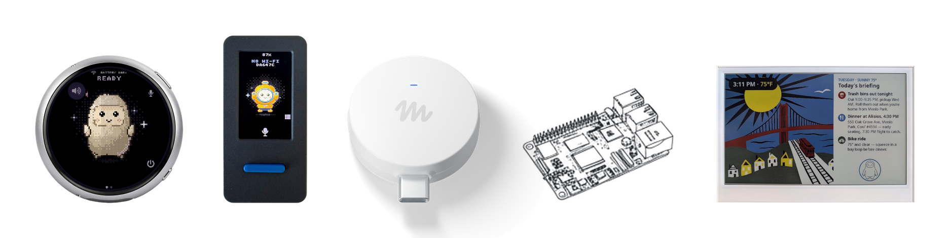Muse Gadgetsの対応デバイス例。円形AMOLEDやM5Stack、Muse Home Link、Raspberry Pi、e-inkディスプレイなどが並ぶ公式イメージ